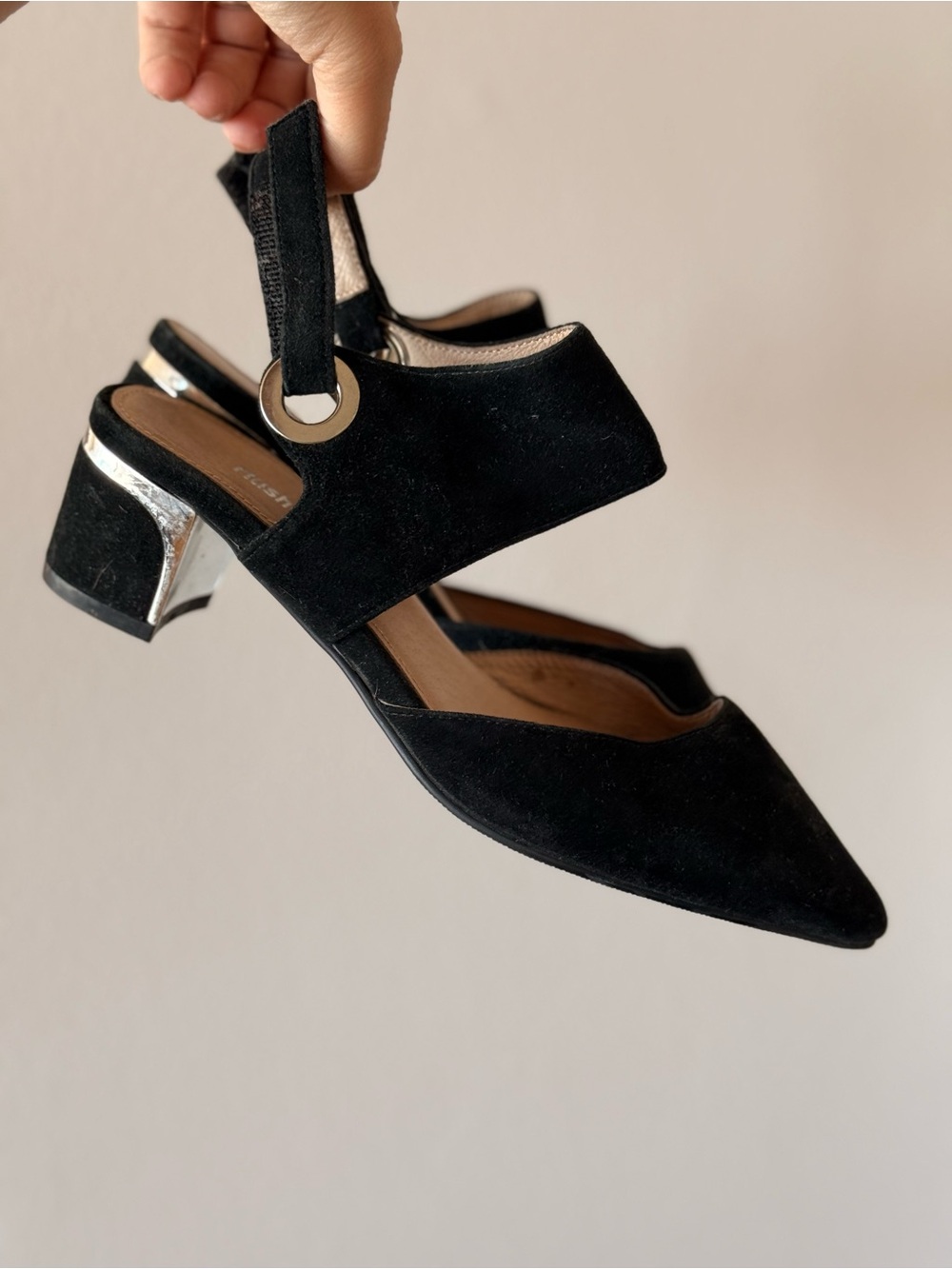 Hush Puppies Black Suede Pointed Slingback Heels with Metallic Eyelet - Picture 2 of 6